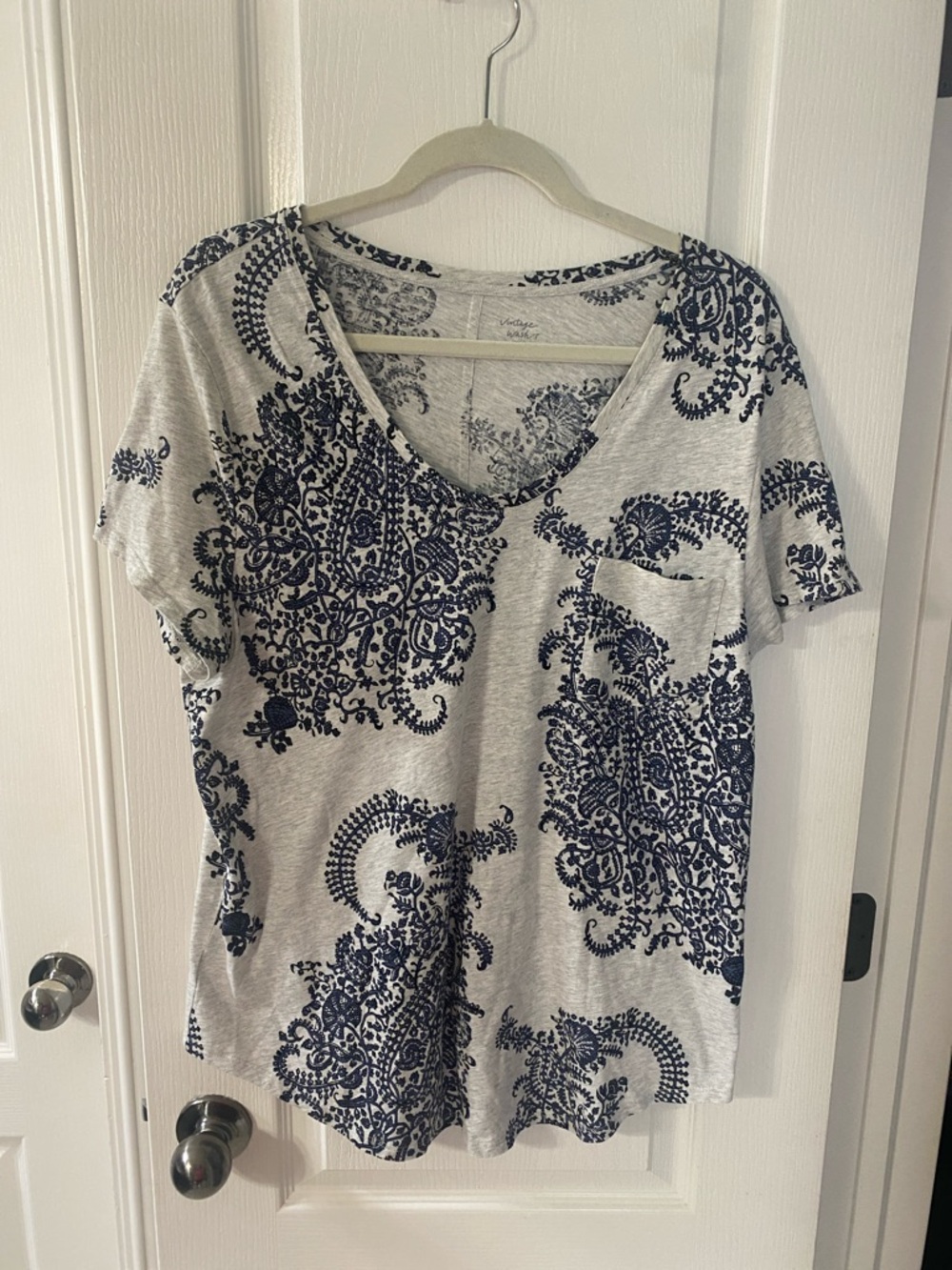 LOFT Gray Tee with Navy Paisley Print and Pocket